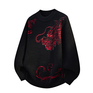 Suéter Masculino de Gola Redonda com Bordado de Cabeça Orgulhosa, Tendência Outono/Inverno, Camiseta Tricotada - Product Image 1