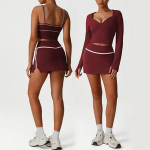 Roregal Set rok tenis kebugaran wanita, atasan lengan panjang Yoga kasual leher V seksi - Product Image 1