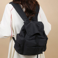 Grand sac à dos décontracté pour femmes, sac à dos léger en nylon avec rabat à cordon, sac de voyage simple de couleur unie, sac d'école
