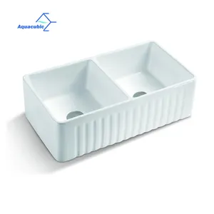 Aquacubic 32 Inch Large Space Double-bowl Ceramic Kitchen Sink Fireclay White Apron Kitchen Sink