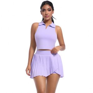 Conjuntos de Fitness de gimnasio transpirables de secado rápido para mujer, Chaleco de solapa superior, Falda corta plisada para Yoga, tenis, deportes, tenis, corto plisado - Product Image 2