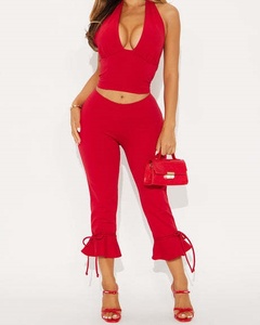 Viviblook Z1105ST02 <b>Women's</b> Set Solid Color Halter Lace Up V-Neck <b>Vest</b> Top Tight Cropped Pants Two-Piece Set - Product Image 5