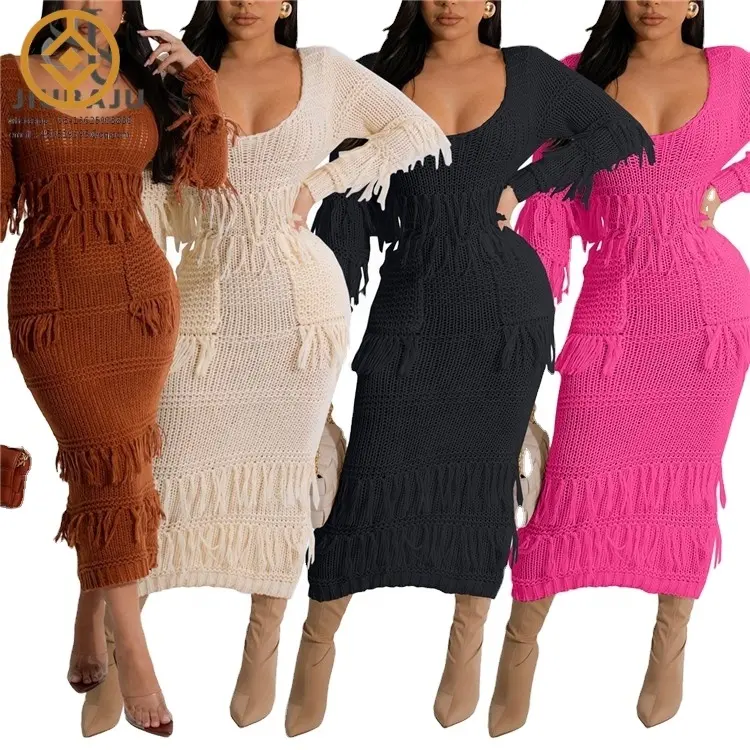 Femmes Manches Longues Tassel Bodycon Midi Knit Straight Dress 2024 Automne Hiver O-neck Sweater Vestidos Dresses