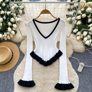 Fall Women's <b>Patchwork</b> Knit <b>Top</b> With Ruffled Hem and Sleeves Fashion - Product Image 2