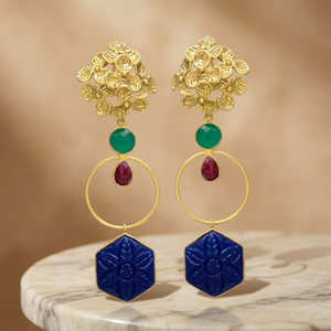 Boucles d'oreilles pendantes en laiton faites à la main, plaquées or, avec pierres précieuses, style ethnique, pour occasions festives - Product Image 3