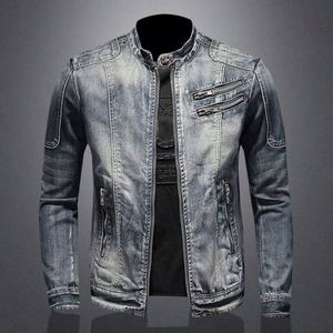 Blouson en jean vintage pour homme, col montant zippé, style motard, haute qualité, tendance mode, élégant et affirmé - Product Image 1