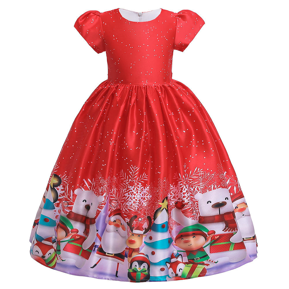 Red Xmas Party Dress for Girls Papai Noel Pattern Bow Cartoon Snowflake  Print Traje para crianças Vestido de Natal para criança