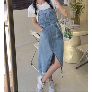 <strong>Ladies</strong> Summer Casual <strong>Dresses</strong> Women Front Slit Asymmetric Raw Hem Frayed Washed Denim <strong>Pinafore</strong> <strong>Dress</strong> 2022 - Product Image 4