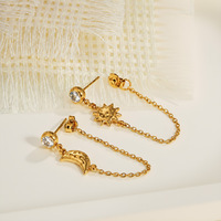 Boucles d'oreilles pendantes N&S plaquées or soleil et lune avec zircon et pompon pour femme, bijoux de mode vintage en acier inoxydable, vente en gros