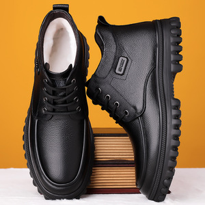 Zapatos de algodón cálidos con forro polar para hombre, botas de nieve de cuero impermeables antideslizantes con suela gruesa, color negro, 38-44 - Product Image 1