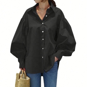 Lässige Bluse mit Laternenärmeln und Polokragen 2026 Vintage Einfarbige Oberteile Damen Büro-Bluse - Product Image 3