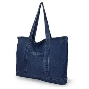 recycled custom reusable denim tote shopping bag pocket wholesale