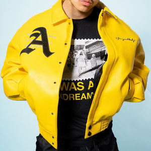 Wholesale Custom <b>Leather</b> Varsity <b>Jacket</b> Gothic Embroidery Yellow Bomber Covered Button Winter Streetwear OEM <b>Men</b> <b>Leather</b> <b>Jacket</b> - Product Image 1