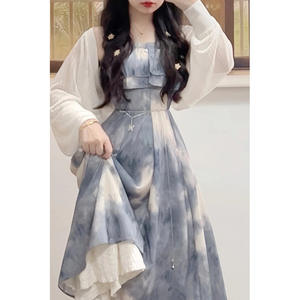 Ensemble robe à bretelles et châle fin style peinture à l'encre chinoise, taille naturelle, jupe longue trapèze en mousseline respirante pour femme - Product Image 1