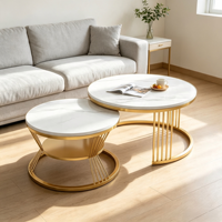 Ensemble de tables basses gigognes de luxe, plateau effet marbre blanc, structure en métal doré, 2 pièces, table à thé, salon, hôtel