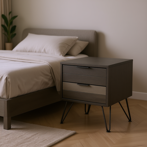 Table de chevet moderne en placage d'acacia, trois tons gris, 2 tiroirs, pieds en métal, meubles de chambre à coucher - Product Image 2