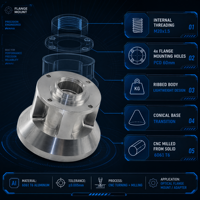 Support à bride fileté de précision CNC sur mesure en aluminium 6061 T6 avec filetage interne, corps nervuré, base conique, OEM ODM