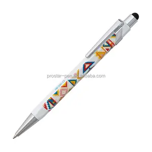 Bolígrafo de acción de empuje de metal de recuerdo, barril de bolígrafo hexagonal con logotipo de transferencia de calor, adornos cromados y lápiz óptico en la parte superior
