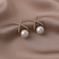Pendientes de tuerca de perlas de lujo para mujer, joyería de moda en forma de X, aretes de gota de perlas de diamante de aleación para mujer 2022