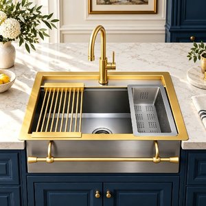 <span class=keywords><strong>Lavello</strong></span> da Lavoro su Misura in Acciaio Inossidabile 316 Calibro 14 con Design Italiano, Bordo in Ottone Calibro 12 e Rubinetto da Appoggio - Product Image 1