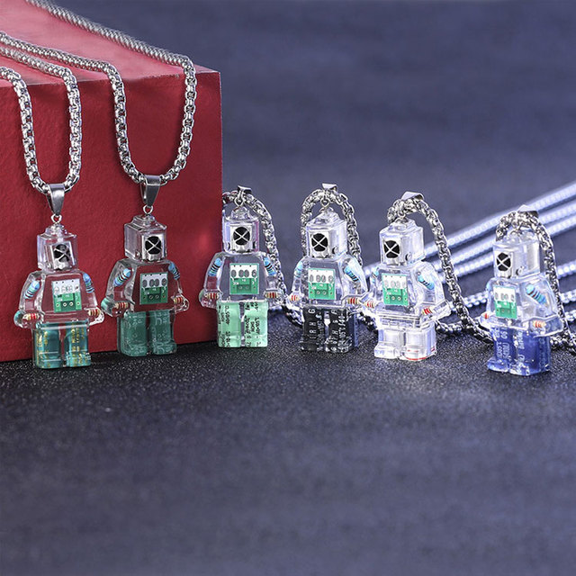 SC Fashion Electronic Robot Necklace Hip Hop Stainless Steel Chain Men Hoodies Necklace Transparent Resin Robot Pendant Necklace