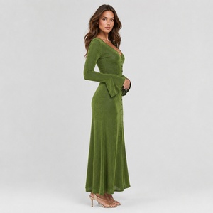 Robe longue décontractée pour femme à manches évasées boutonnées, couleur unie, extensible, avec fente et taille naturelle, idéale pour l'été - Product Image 5