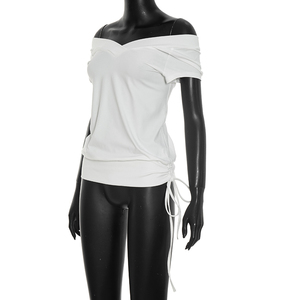Viviblook C26TP254 Camiseta informal de verano para mujer, nueva, sexy, con cuello en V, hombros descubiertos y cordón ajustable. - Product Image 5