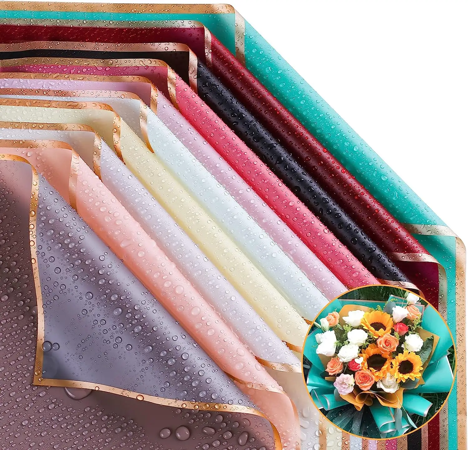 Good quality gift wrapping now waterproof gold side flower packing colorful paper