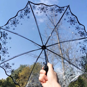 Parapluie pliant manuel de haute qualité avec impression papillon et motif floral, design dôme à trois volets festonné, transparent, idéal pour les cadeaux d'affaires - Product Image 4