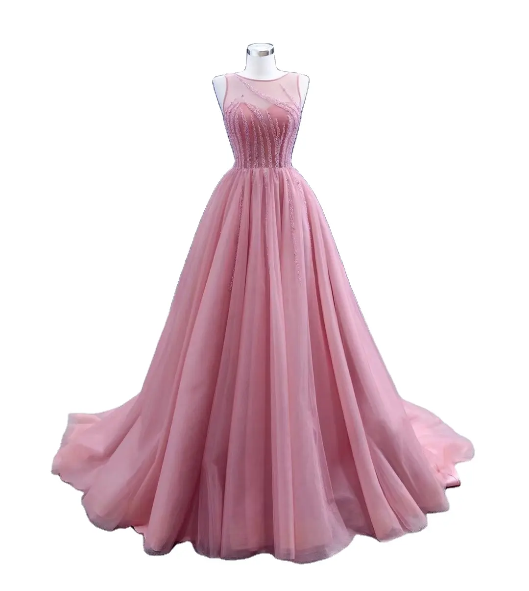 女性のパーティードレスのためのピンクのファッションイブニングドレス卸売花嫁介添人高級ウェディングドレス