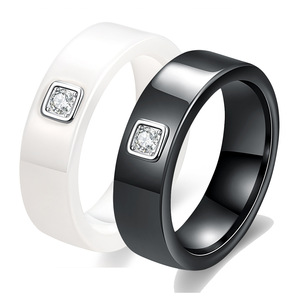 6MM Black & White <b>Ceramic</b> <b>Ring</b> with Single Cubic Zirconia | Minimalist Fashion Couple <b>Ring</b> for Men and Women - Product Image 1
