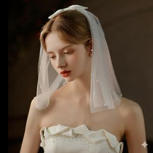Short Pearl Wedding <strong>Veil</strong> with Bow Knot Two Tier Bachelorette Party White Bridal <strong>Veil</strong> <strong>Bride</strong> <strong>to</strong> <strong>Be</strong> Gift Flower Girl <strong>Veil</strong> - Product Image 2