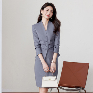 Women's Professional Suit Set Gray Three Quarter Sleeve Anti-Wrinkle Office Lady Spring Short Skirt Formal Workwear - Product Image 1