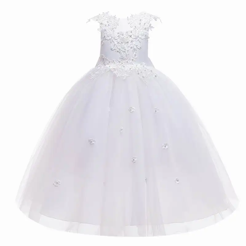White Embroidery Flower Baby Girl Maxi First Communion Dress with Lovely Bow Quantity Summer Party