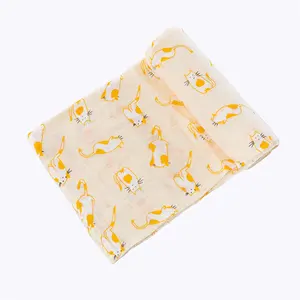 ผ้าห่มผ้าห่อตัวเด็กทารกผ้าคอตตอนลายแมวสีเหลือง