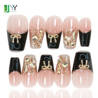 Uñas postizas de lujo negras con punta francesa y lazo 3D, hechas a mano, de gel, estilo ataúd, a granel, kit completo de uñas acrílicas con diamantes de imitación.
