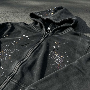 Oversized Vintage Hoodie Streetwear Full <b>Zip</b>-up Cotton French Terry Winter Rhinestone Hoodies for Men - Product Image 1