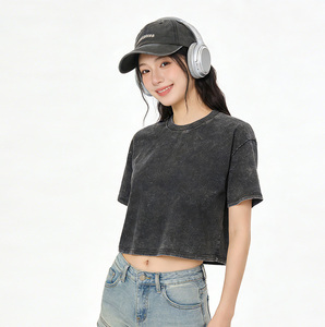 T-shirt court délavé style rétro américain 240 GSM, en pur coton, coupe ample, avec impression graphique personnalisée, pour femme tendance - Product Image 2
