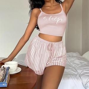 Annshine – Pyjama suspendu pour femme, motif rayé et lettres, en soie de lait, ensemble décontracté imprimé lettres – Ventes flash - Product Image 4