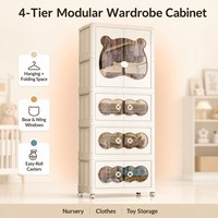 Armoire pliable à 3 niveaux, design ours, en plastique transparent, portable, avec roulettes, pour rangement de vêtements – Meilleure vente