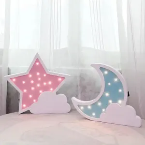 3D婴儿房灯装饰木质睡眠灯带电池星月形装饰木质儿童悬挂夜灯