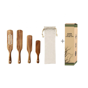 木勺4套，不粘器皿工具耐用天然木材开槽搅拌刮刀厨房炊具烹饪 - Product Image 4