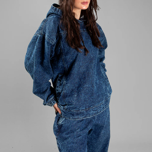 Sweat à capuche en denim tricoté personnalisé pour femme, style streetwear décontracté, manches longues, cordon de serrage réglable, logo frontal ODM - Product Image 3