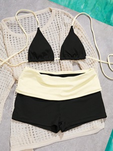 Conjunto de Bikini Triangular Halter de Color Sólido para Mujer, Traje de Baño de Dos Piezas con Tiras en la Espalda y Pantalones Cortos Tipo Boyshort, Ropa de Playa - Product Image 1