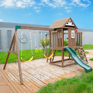 Ensemble de balançoires d'extérieur en bois avec maisonnette, toboggan et mur d'escalade, aire de jeux durable pour enfants dans la cour - Product Image 2