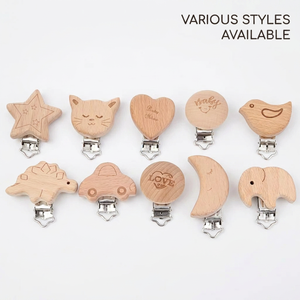 Clip para chupete de madera de haya natural con diseño de animal grabado, soporte de madera para chupete de dibujos animados, clip para chupete para cadena de dentición DIY para bebés - Product Image 1