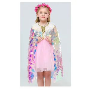 Cadılar bayramı küçük denizkızı pelerin kostüm çocuk renkli payetli pelerin kızlar noel fantezi peri prenses pelerin pullu elbise peruk