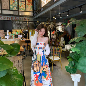 American Retro Ethnic Style Oil Painting Graffiti Print Suspender Dress 2025 Summer High End Long Dress For Women - Product Image 3