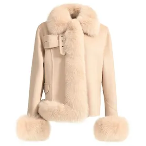 Casaco de caxemira artesanal, estilo curto, de alta qualidade, costurado, removível, mangas de pele de raposa e suporte, gola, inverno quente, feminina, casaco de lã