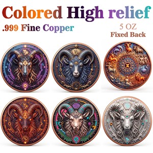 Moneda de Cobre Puro 999 de 5 oz, <span class=keywords><strong>Capricornio</strong></span>, Serie <span class=keywords><strong>12</strong></span> Signos del Zodíaco, Colorida en 3D con UV, Alto Relieve, Edición Coleccionista Creativa - Product Image 1